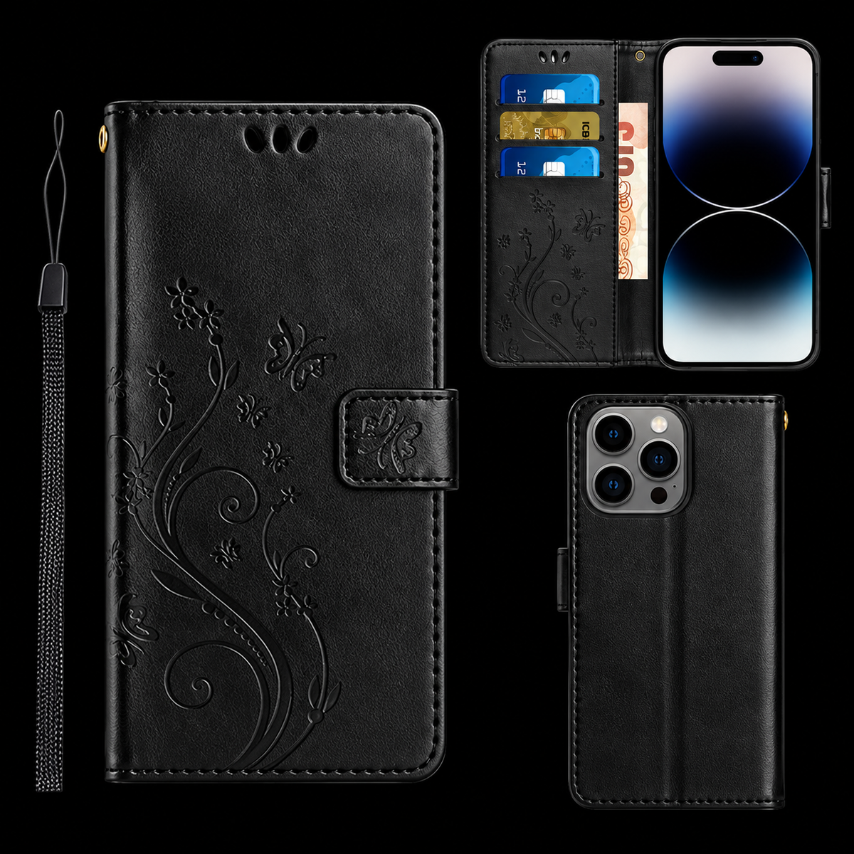 [FREE SHIPPING] BUTTERFLY FLOWER LEATHER FLIP WALLET CASE FOR IPHONE 15 PRO MAX