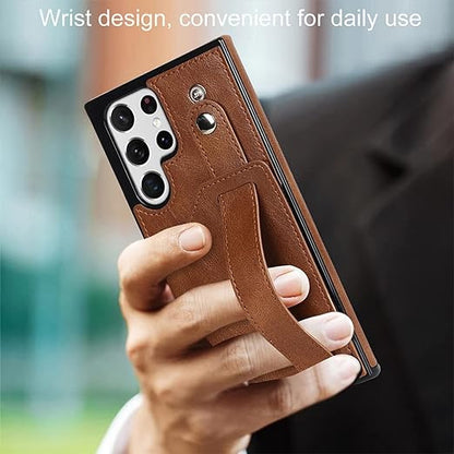 [FREE SHIPPING] BUSINESS CARD SLOT ADJUSTABLE WRIST STRAP CREDIT CARD SLOT SLIM SHOCKPROOF LEATHER CASE FOR SAMSUNG S26 ULTRA