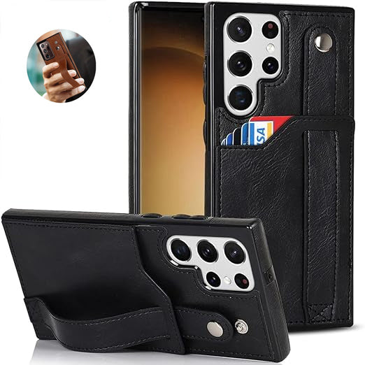 [FREE SHIPPING] BUSINESS CARD SLOT ADJUSTABLE WRIST STRAP CREDIT CARD SLOT SLIM SHOCKPROOF LEATHER CASE FOR SAMSUNG S24 ULTRA