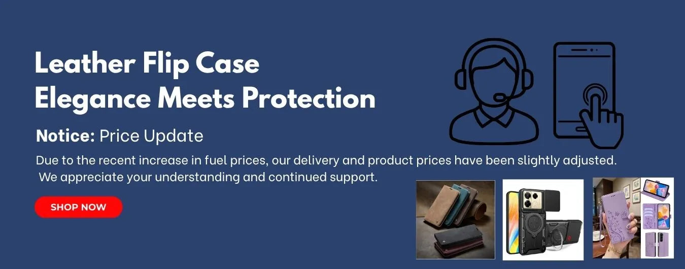 Promotional banner for leather flip case with product images and price update notice on a blue background.