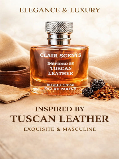 Clair Scents Tuscan Leather perfume bottle on a beige background with text highlighting elegance and luxury.
