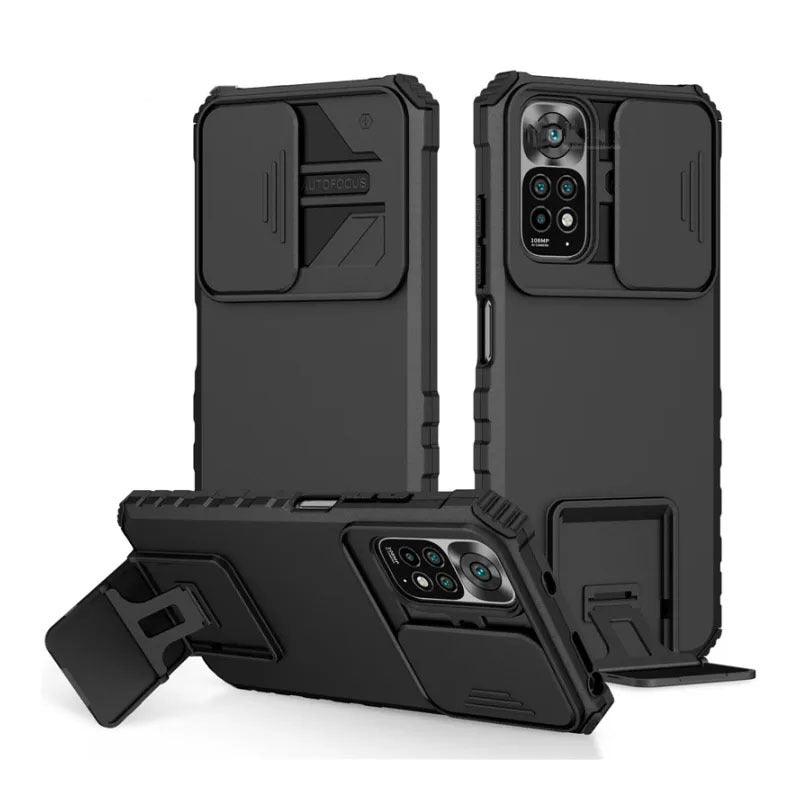 [ FREE SHIPPING] For Redmi Note 11 Phone Case Hard Sliding Lens Protect Kickstand Back Cover - Black