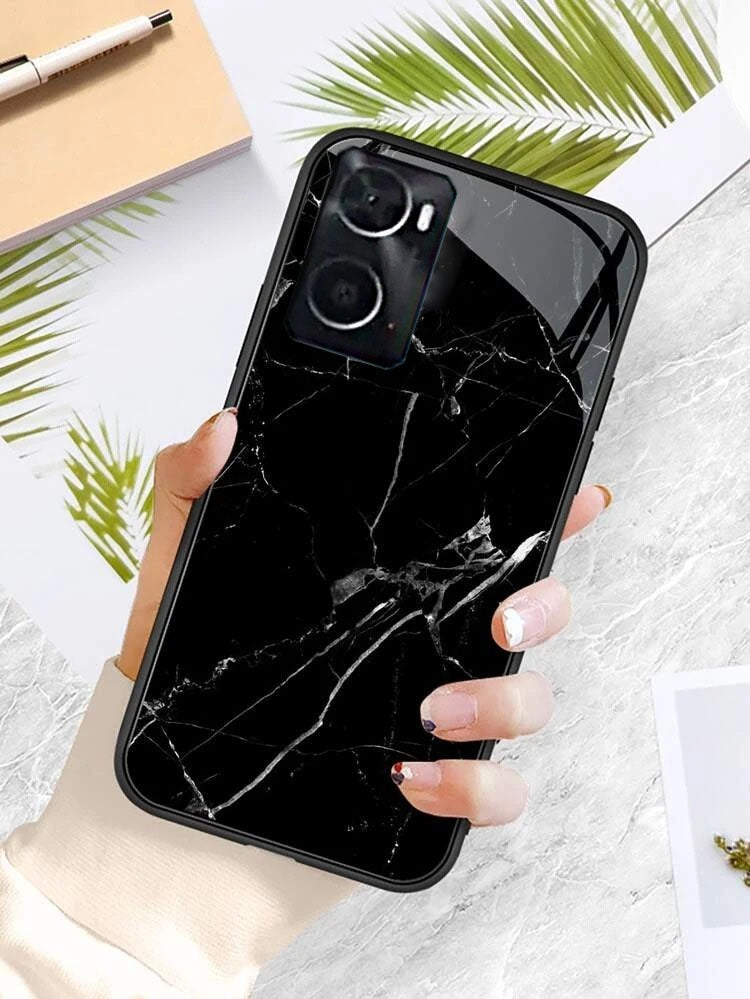 [ FREE SHIPPING] Oppo A96 Black Marble Series Premium Printed Glass Soft Bumper Shock Proof Case