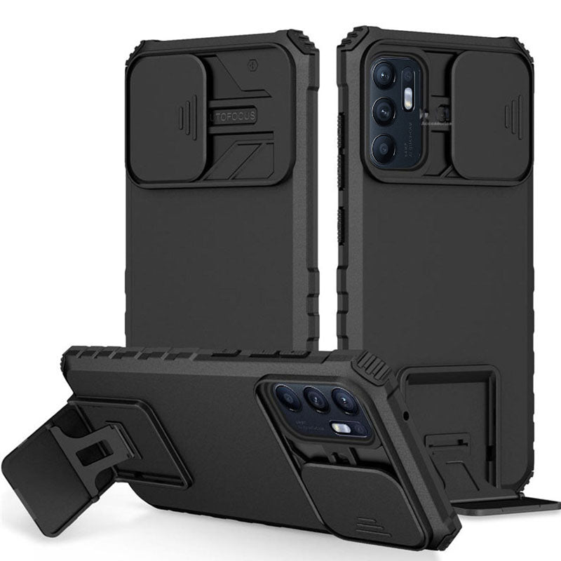 [ FREE SHIPPING] FOR OPPO RENO 6 PHONE CASE HARD SLIDING LENS PROTECT KICKSTAND BACK COVER - BLACK