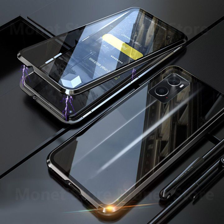[ FREE SHIPPING] Luxury Oppo A96 Front & Back Tempered Glass Magnetic Case Metal Phone Cover - Black