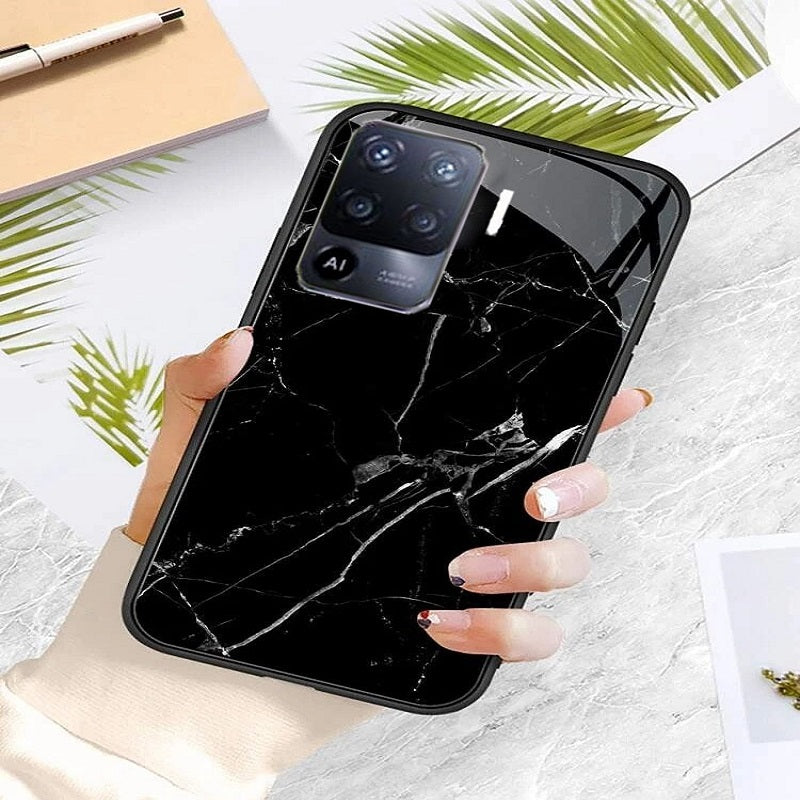 [ FREE SHIPPING] Oppo F19 Pro Black Marble Series Premium Printed Glass Soft Bumper Shock Proof Case