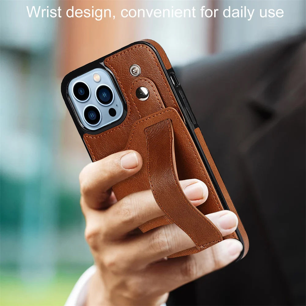 [FREE SHIPPING] BUSINESS CARD SLOT ADJUSTABLE WRIST STRAP CREDIT CARD SLOT SLIM SHOCKPROOF LEATHER CASE FOR IPHONE 13 PRO MAX
