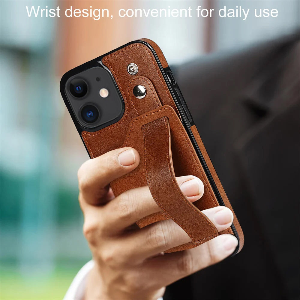 [FREE SHIPPING] BUSINESS CARD SLOT ADJUSTABLE WRIST STRAP CREDIT CARD SLOT SLIM SHOCKPROOF LEATHER CASE FOR IPHONE 11