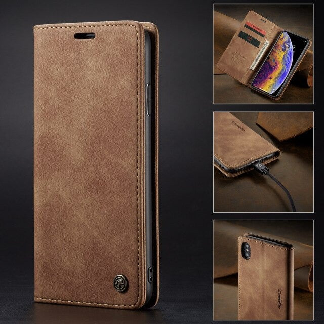 [ FREE SHIPPING] CaseMe Retro Leather Case For Iphone X/XS Book Style Flip Wallet Magnetic Cover Card Slots Case For Iphone X/XS