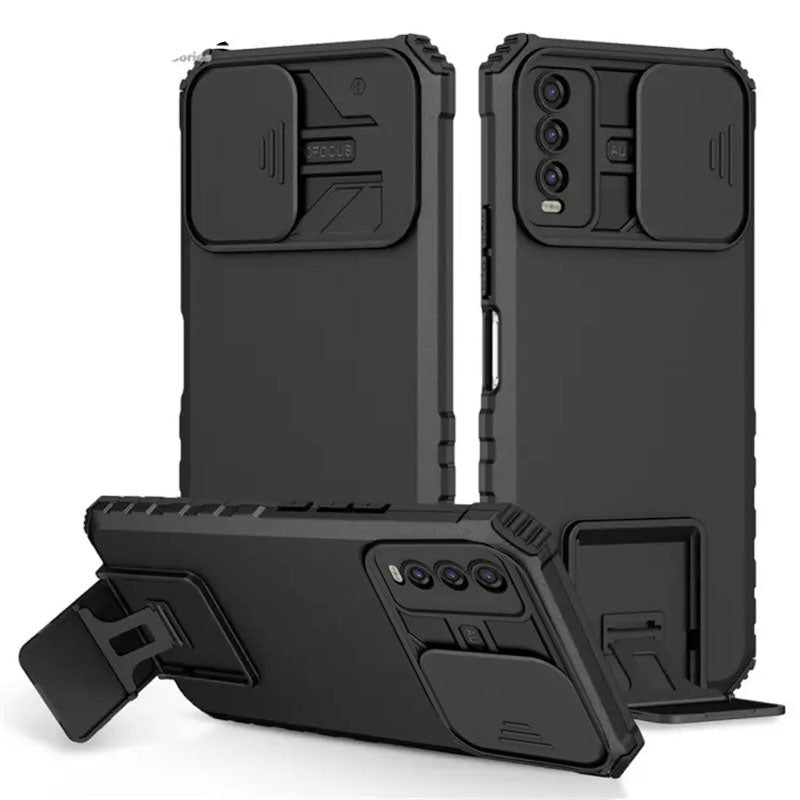 [ FREE SHIPPING] FOR VIVO Y12 PHONE CASE HARD SLIDING LENS PROTECT KICKSTAND BACK COVER - BLACK