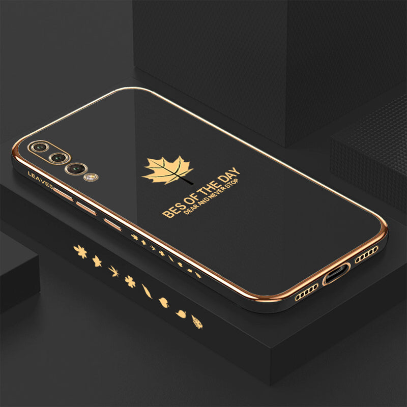 [ FREE SHIPPING] Luxury 6D Plating Case For Huawei P20 Pro Maple Leaf Side Pattern Back Cover Soft Silicone Square Phone Cases - Black