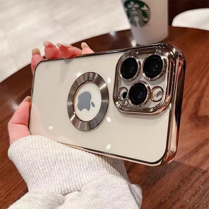[ FREE SHIPPING] Luxury Logo Hole Soft Silicone Transparent Case Lens Protection Plating Cover for iPhone 13