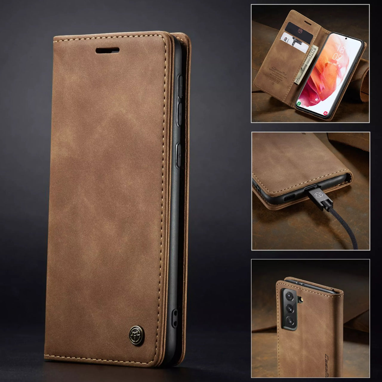 [FREE SHIPPING] CaseMe Retro Leather Case For Samsung S21 FE Book Style Flip Wallet Magnetic Cover Card Slots Case For Samsung S21 FE - Brown