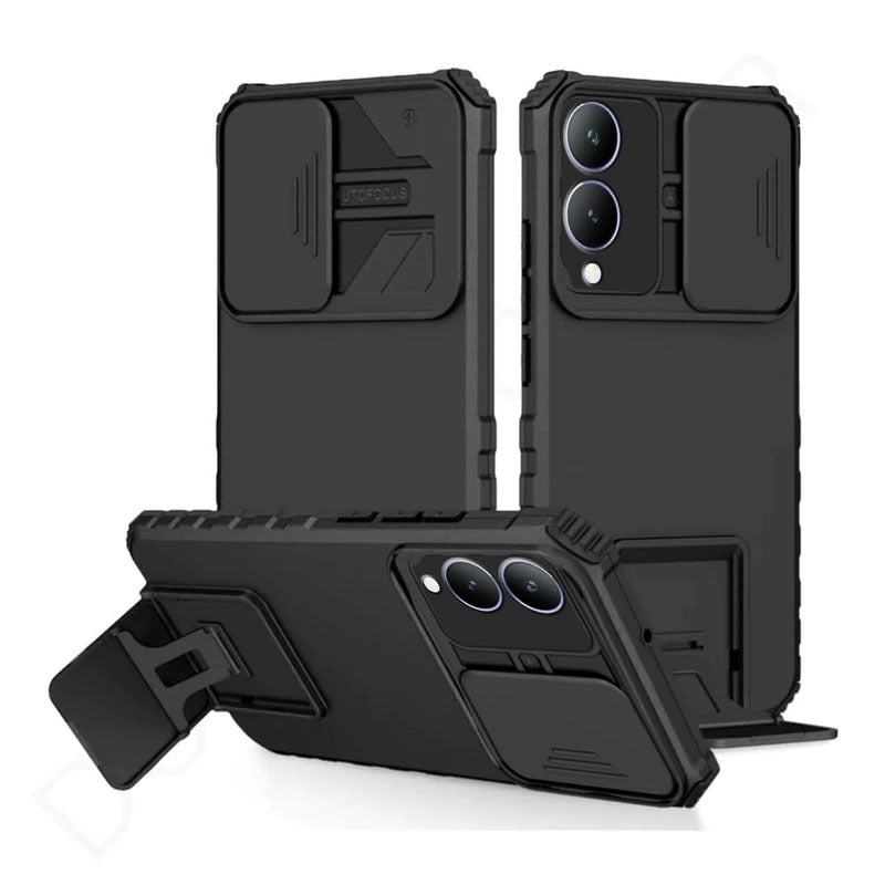 [ FREE SHIPPING] FOR VIVO Y17S  PHONE CASE HARD SLIDING LENS PROTECT KICKSTAND BACK COVER - BLACK