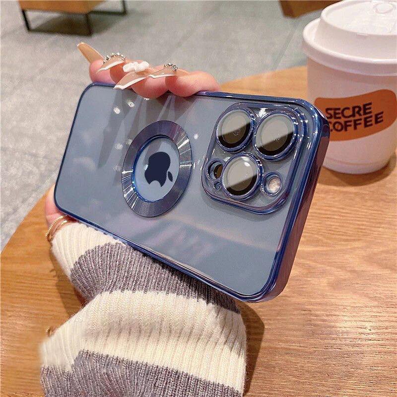 [ FREE SHIPPING] Luxury Logo Hole Soft Silicone Transparent Case Lens Protection Plating Cover For IPhone 14 Pro Max