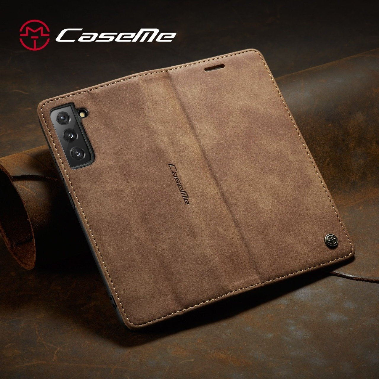[FREE SHIPPING] CaseMe Retro Leather Case For Samsung S22 Plus Book Style Flip Wallet Magnetic Cover Card Slots Case For Samsung S22 Plus - Brown