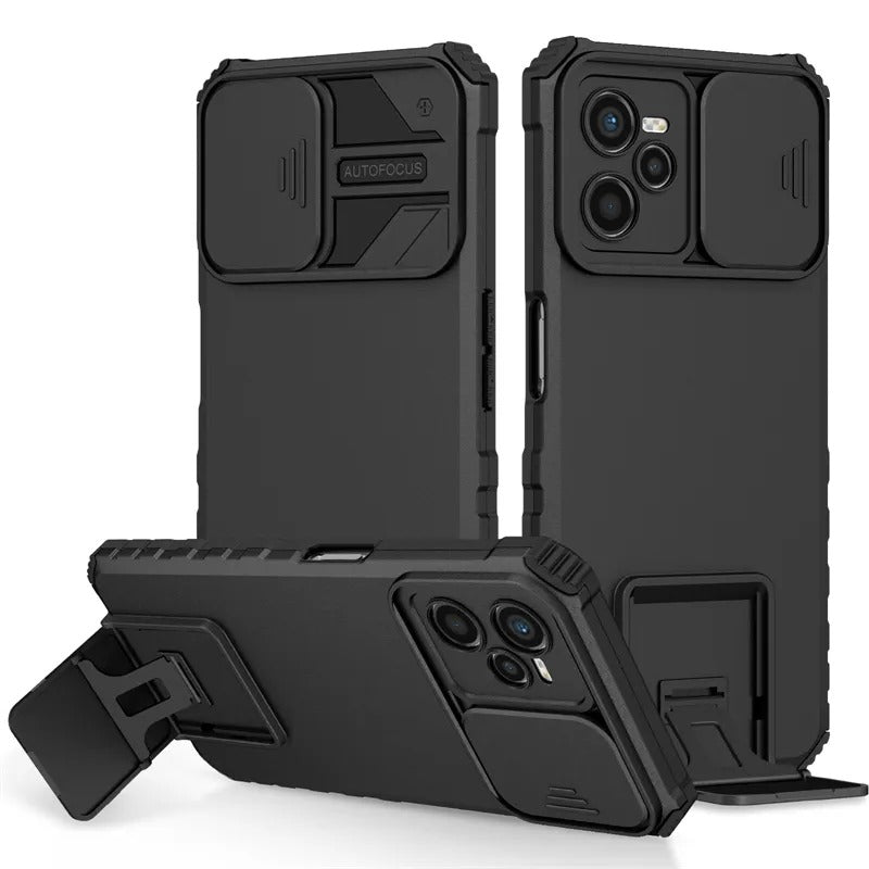 [ FREE SHIPPING] For Realme C35 Phone Case Hard Sliding Lens Protect Kickstand Back Cover - Black