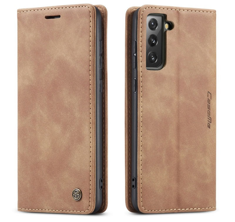 [FREE SHIPPING] CaseMe Retro Leather Case For Samsung S21 FE Book Style Flip Wallet Magnetic Cover Card Slots Case For Samsung S21 FE - Brown