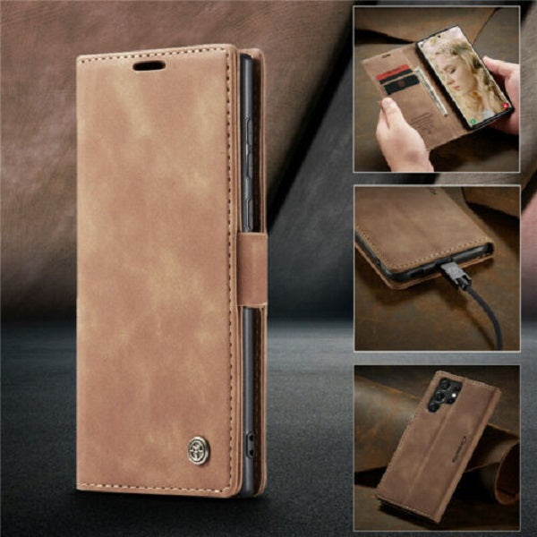[FREE SHIPPING] CaseMe Retro Leather Case For Samsung S23 Ultra Book Style Flip Wallet Magnetic Cover Card Slots Case For Samsung S23 Ultra