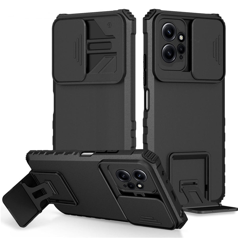 [ FREE SHIPPING] FOR REDMI NOTE 12 (4G)/ PHONE CASE HARD SLIDING LENS PROTECT KICKSTAND BACK COVER - BLACK