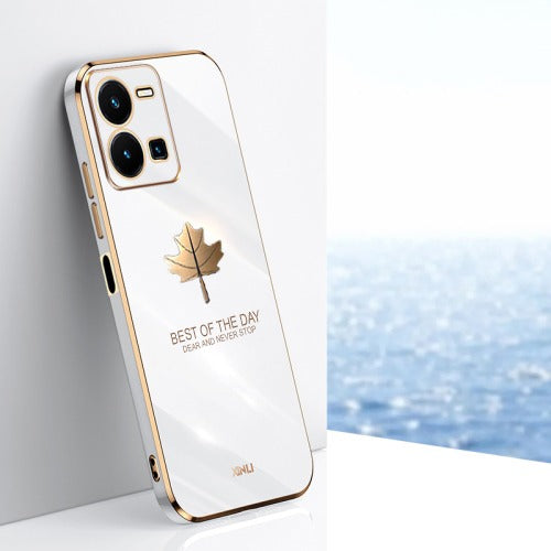 [ FREE SHIPPING] Luxury 6D Plating Case For Vivo Y35 Maple Leaf Side Pattern Back Cover Soft Silicone Square Phone Cases
