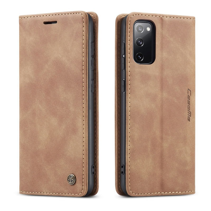 [FREE SHIPPING] CaseMe Retro Leather Case for Samsung S20 FE Book Style Flip Wallet Magnetic Cover Card Slots Case for Samsung S20 FE - Brown