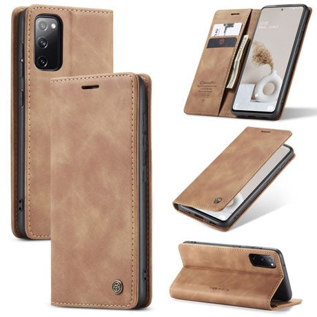 [FREE SHIPPING] CaseMe Retro Leather Case for Samsung S20 FE Book Style Flip Wallet Magnetic Cover Card Slots Case for Samsung S20 FE - Brown